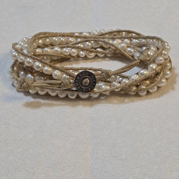 Victoria Emerson Tan Leather and Pearls Wrap Bracelet, 36" Long K338 New - Picture 1 of 6